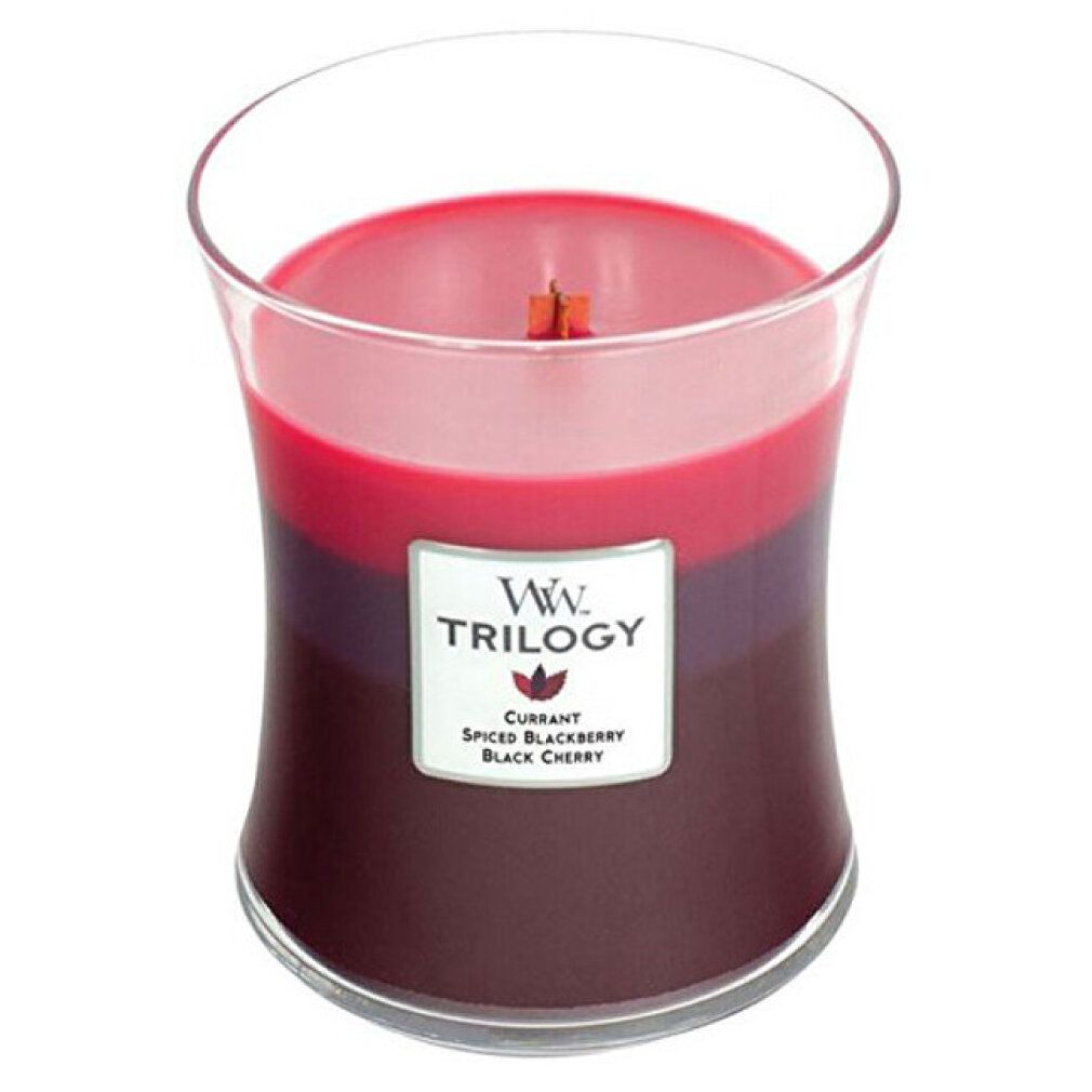 Candela profumata a tre colori in vetro. Etichetta "WW Trilogy", "Currant Spiced Blackberry Black Cherry". Stoppino in legno visibile.