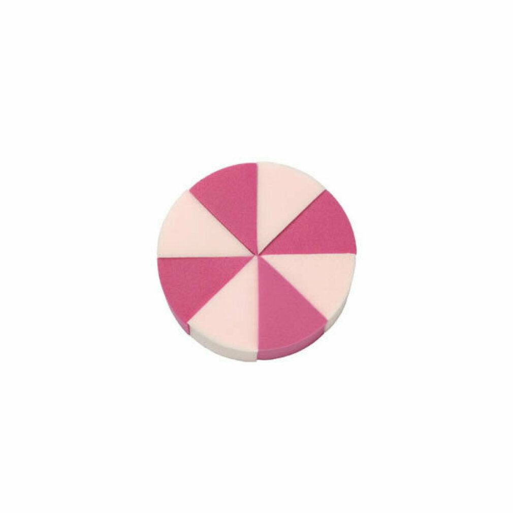 Spugna per trucco rotonda, divisa in otto segmenti. Alternanza di rosa e bianco. Materiale in lattice.