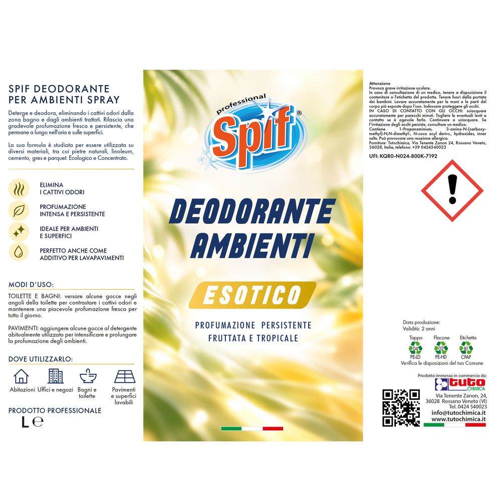 Spif Deodorante Ambienti Esotico bottiglia con tappo rosso. Etichetta con foglie tropicali e scritte.