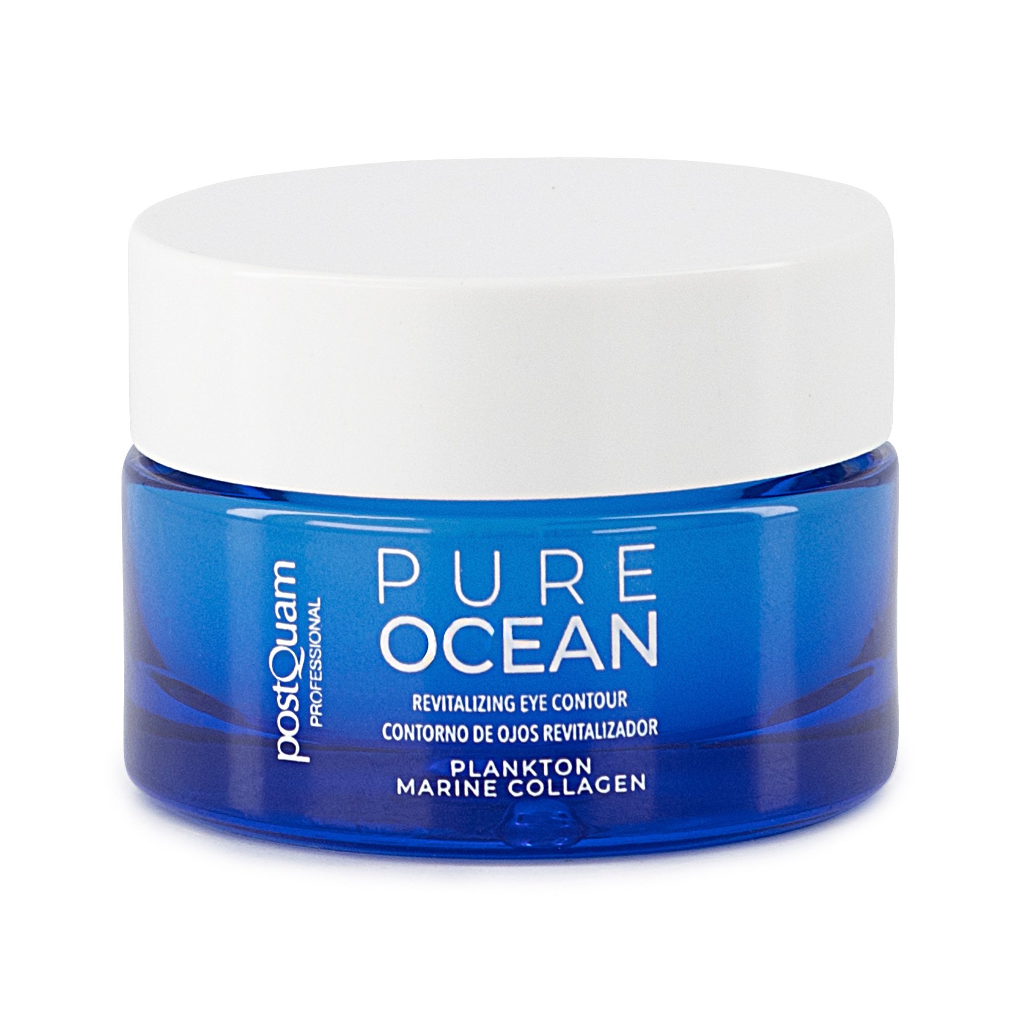 Vasetto di vetro blu con coperchio bianco. Testo: Pure Ocean, Revitalizing Eye Contour, Plankto Marine Collagen. PostQuam.