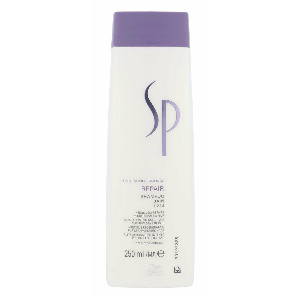 Shampoo bianco con tappo viola. Scritta SP, Repair Shampoo. 250 ml.