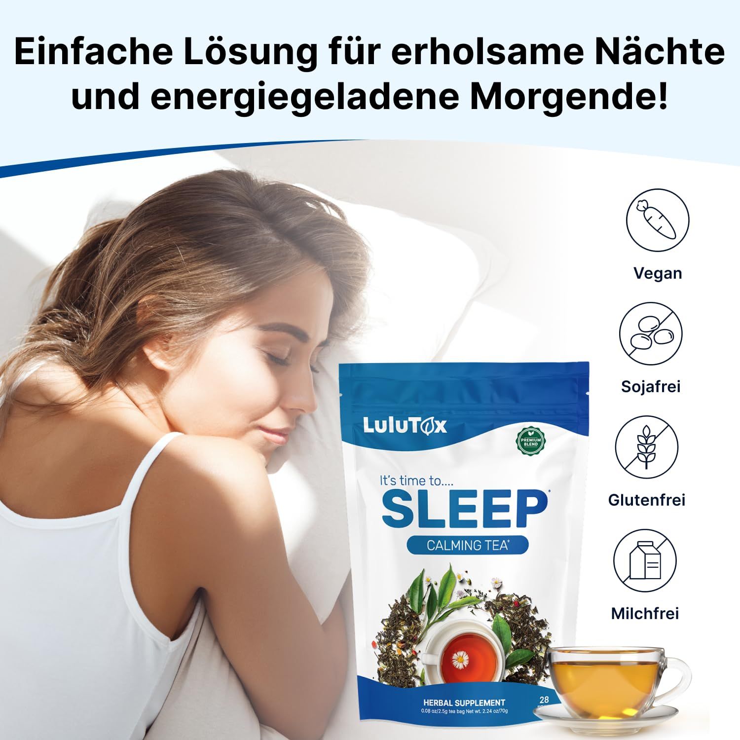 Donna che dorme accanto alla confezione di tè LULUtox Sleep. Vegano, senza soia, senza glutine, senza latticini. Tazza di tè accanto.