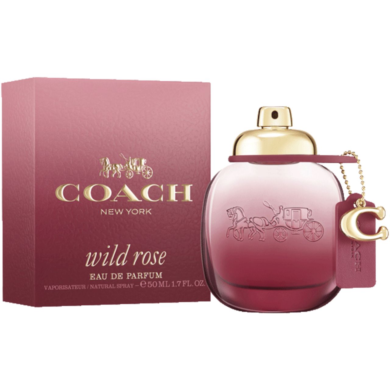 Flacone e scatola. Flacone sfumato rosa, tappo dorato. Scatola rosa con logo.