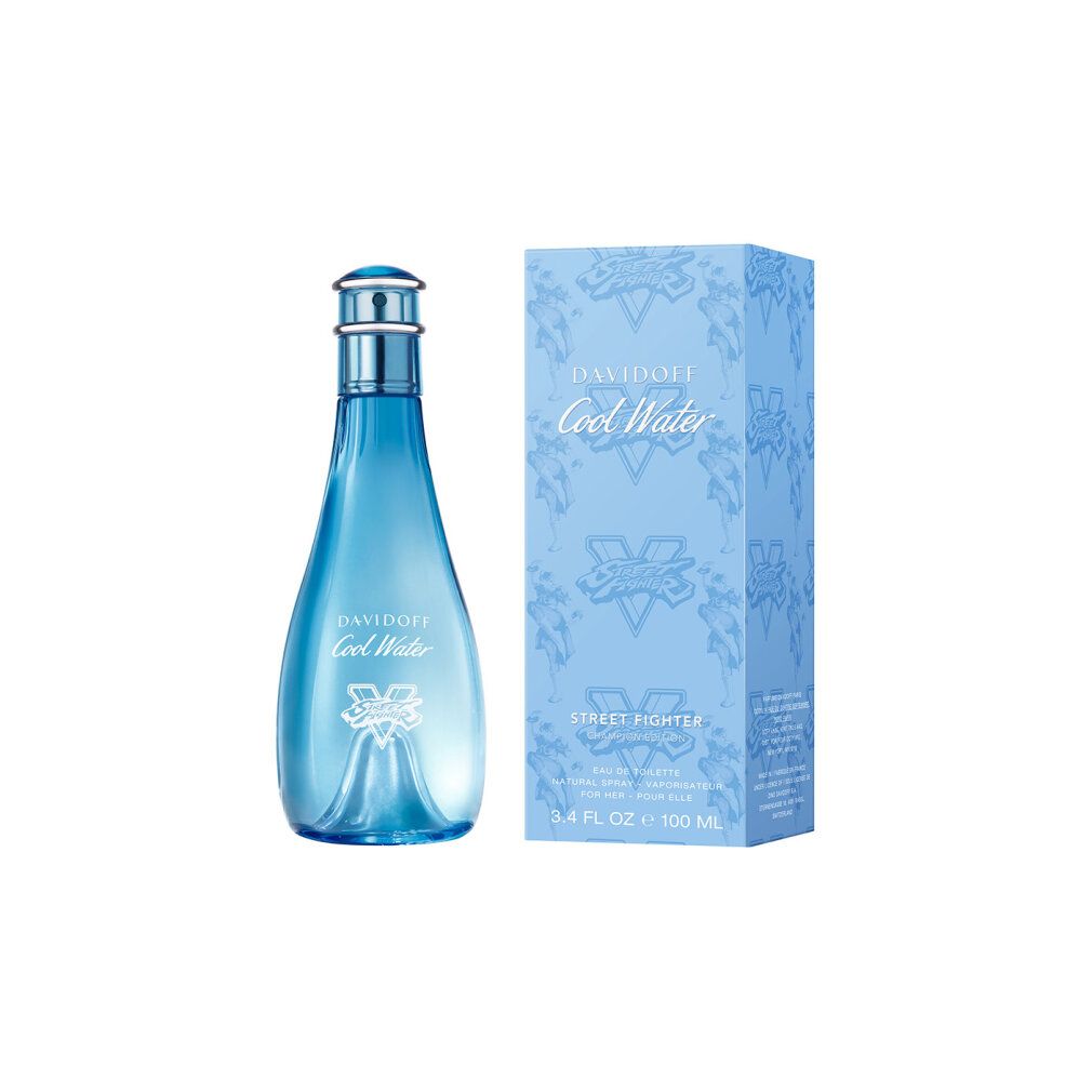 Flacone e confezione blu chiaro. Scritta: Davidoff Cool Water Street Fighter. 100 ml.