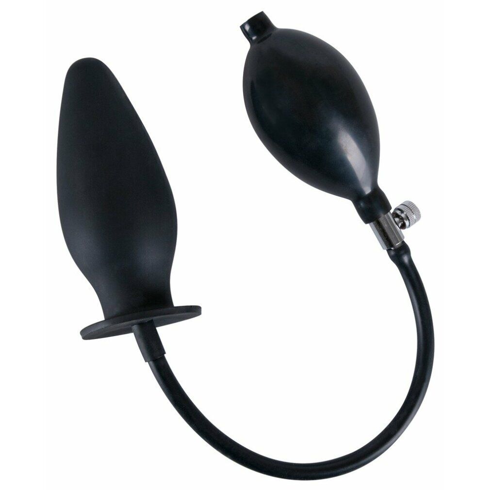 Plug anale gonfiabile nero in silicone. Sacco gonfiabile a forma di pera, tubo di collegamento, valvola.