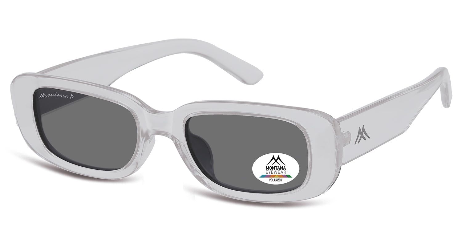 Occhiali da sole con montatura chiara e lenti grigie. Un adesivo con logo e testo è applicato su una lente.