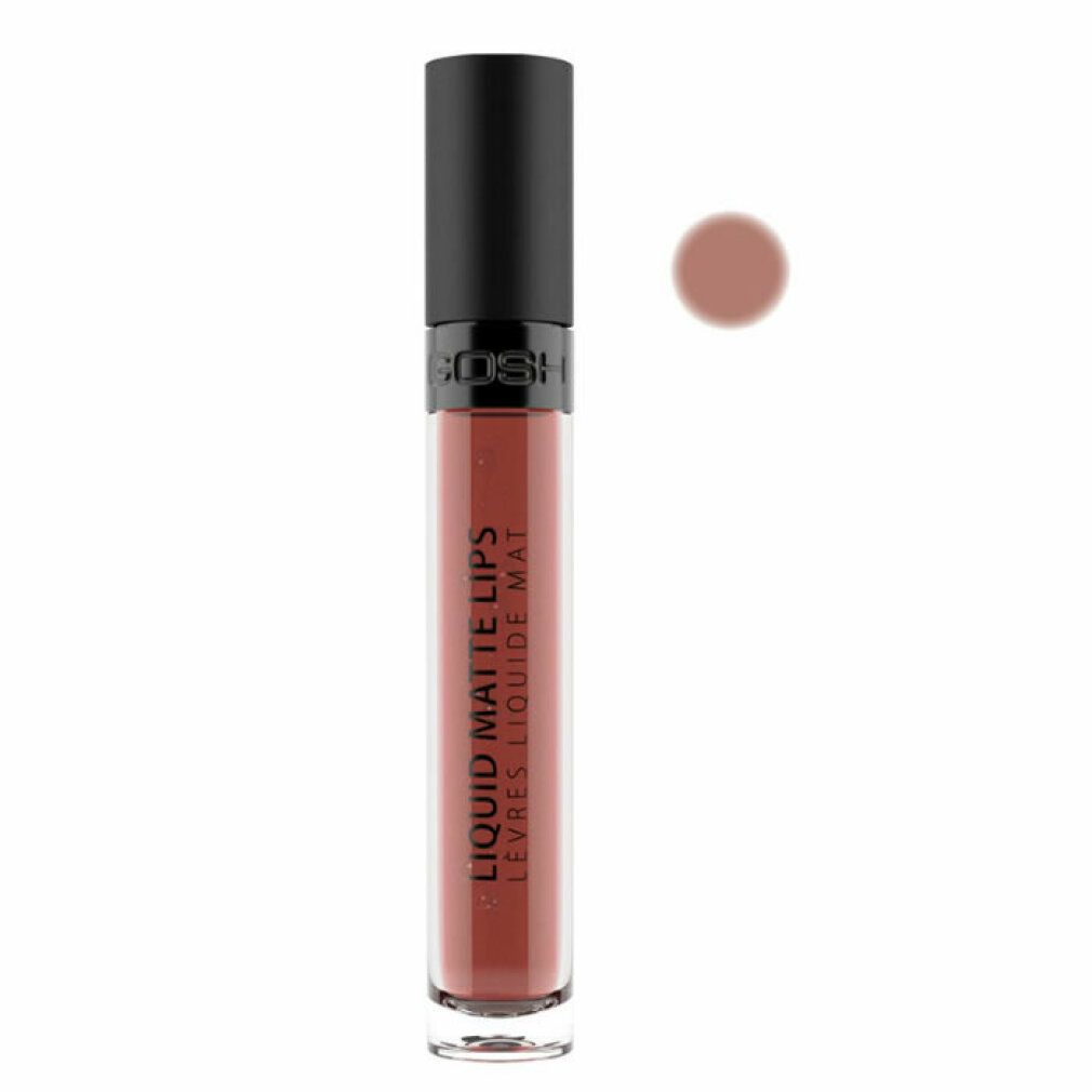 Gosh Liquid Matte Lips 007 Nougat Crisp. Flacone con tappo nero e applicatore. Campione di colore.