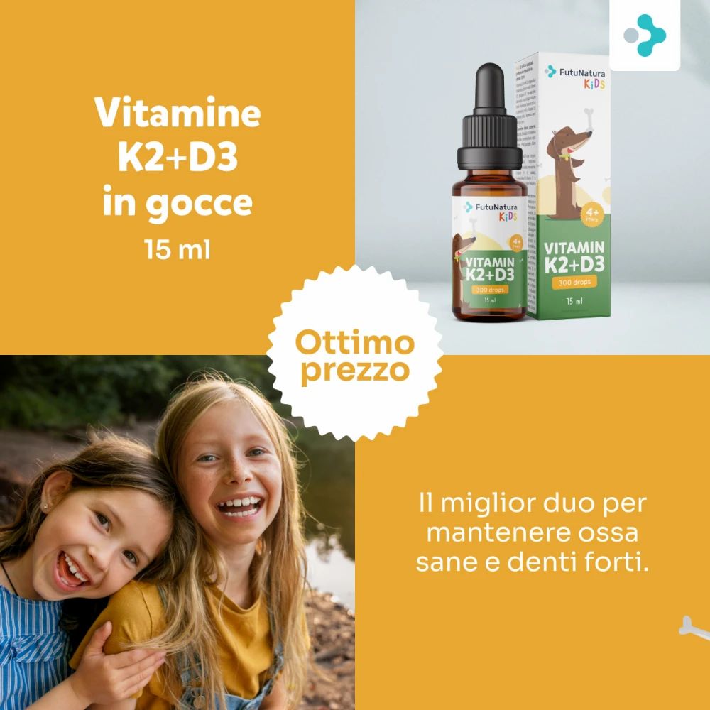 Due ragazze sorridono. Accanto, flacone e confezione. Scritta: Vitamine K2+D3 in gocce, 15 ml. Sulla confezione: cane.