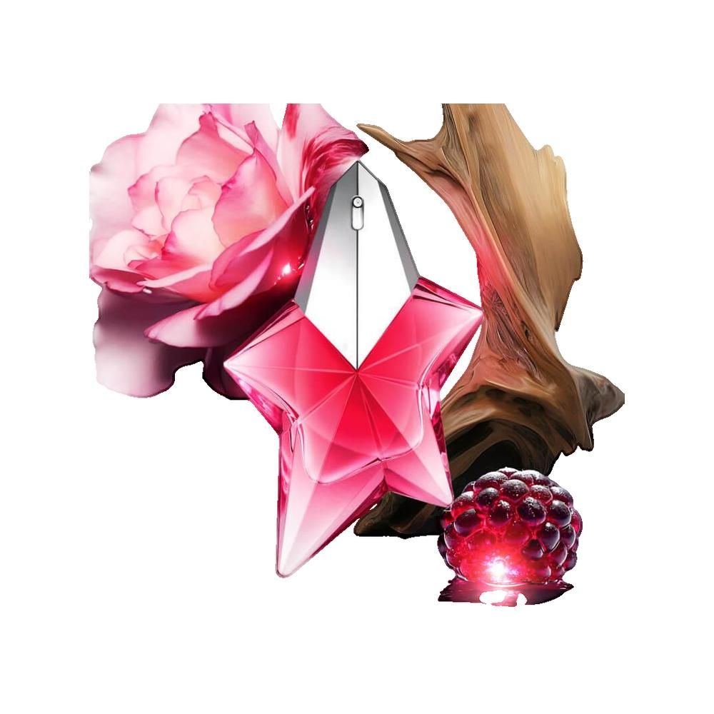 Flacone a stella, vetro rosa. Accanto a rosa, legno e bacche.