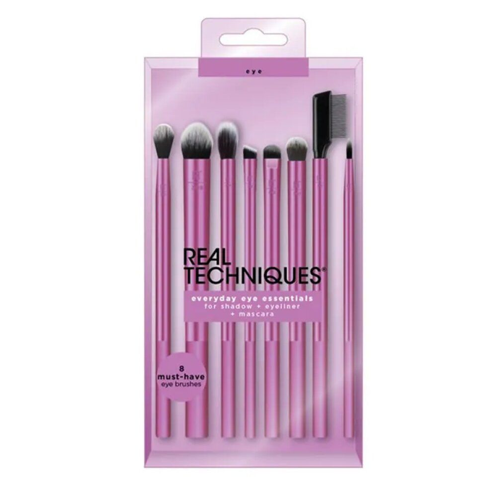 Set di 8 pennelli occhi in confezione. Marchio REAL TECHNIQUES. Testo: everyday eye essentials.