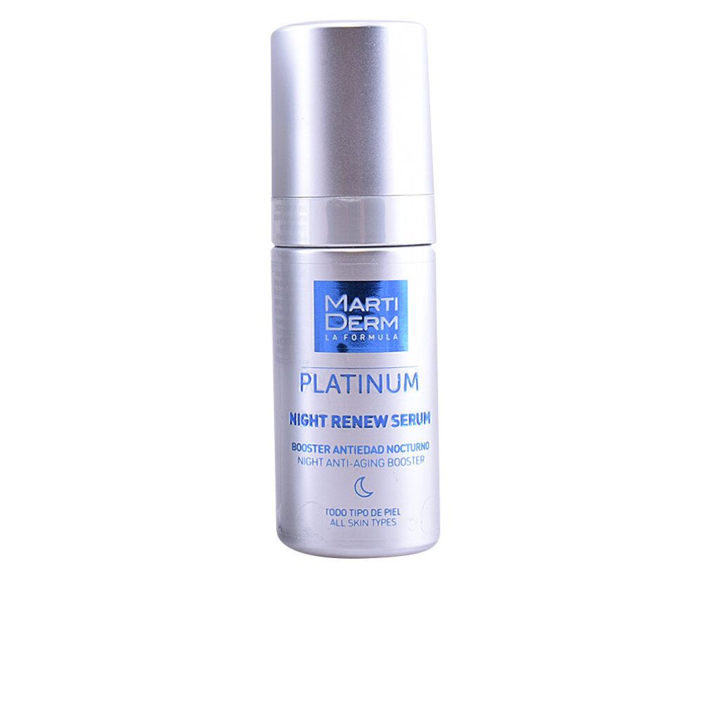 Flacone argento con etichetta blu. Scritta: Platinum Night Renew Serum. Simbolo luna. Per tutti i tipi di pelle.