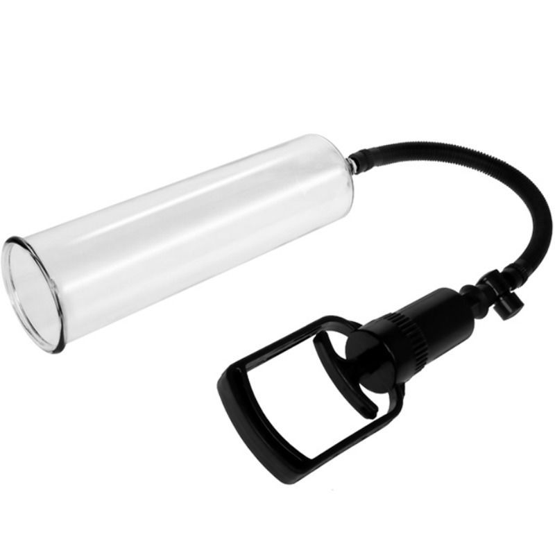 Pompa peniena trasparente con impugnatura e tubo neri. Corpo cilindrico.