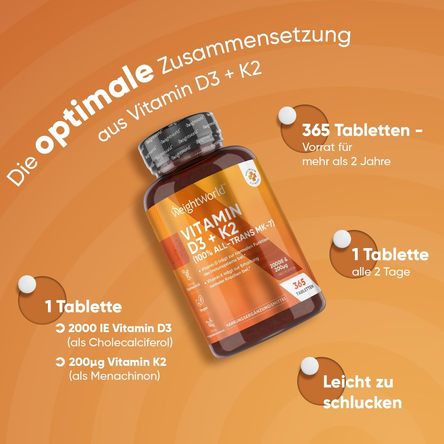 Flacone WeightWorld Vitamina D3 + K2, 365 compresse. Informazioni su dosaggio e ingredienti.