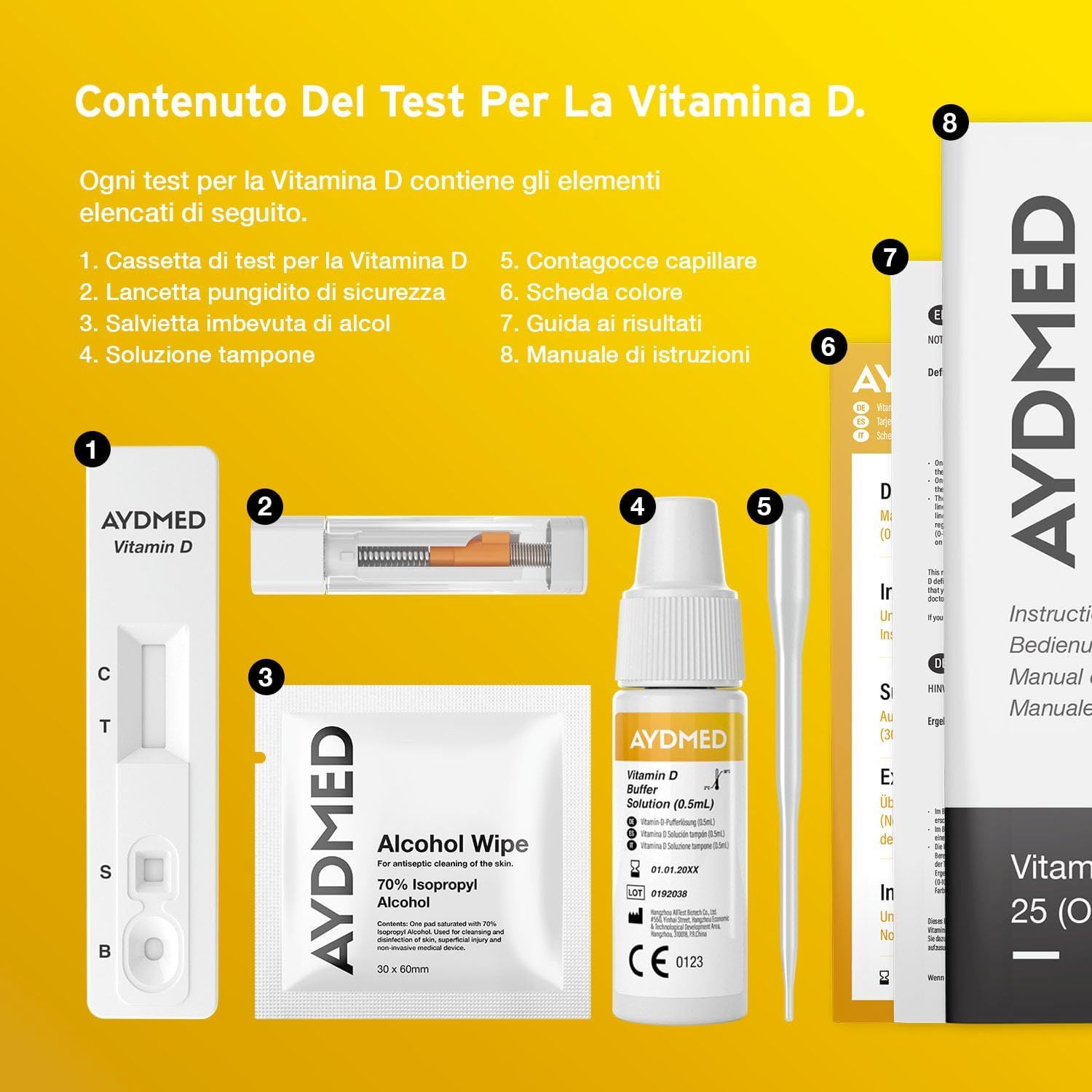 Componenti del test della vitamina D. Cassetta di test, lancetta di sicurezza, salvietta imbevuta di alcol, soluzione tampone, contagocce capillare, scheda colori.
