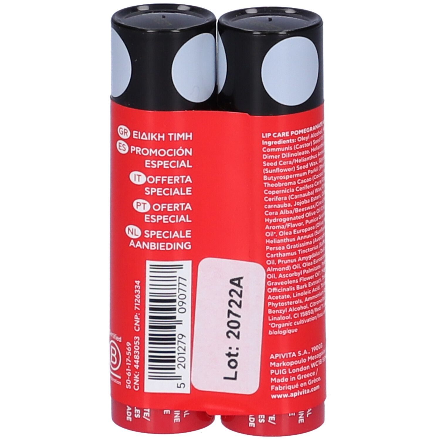 Due stick labbra in confezione rossa. Tappi neri. Testo: informazioni multilingue, numero di lotto, codice a barre.