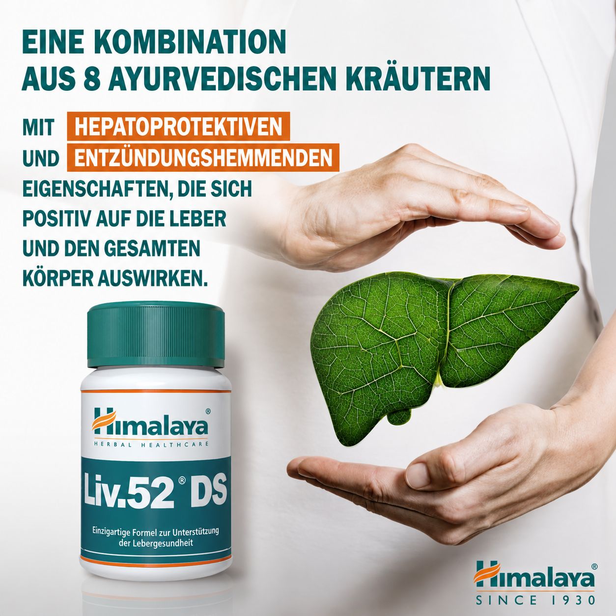 Flacone di compresse Himalaya Liv.52 DS e un fegato stilizzato, tenuto da mani.