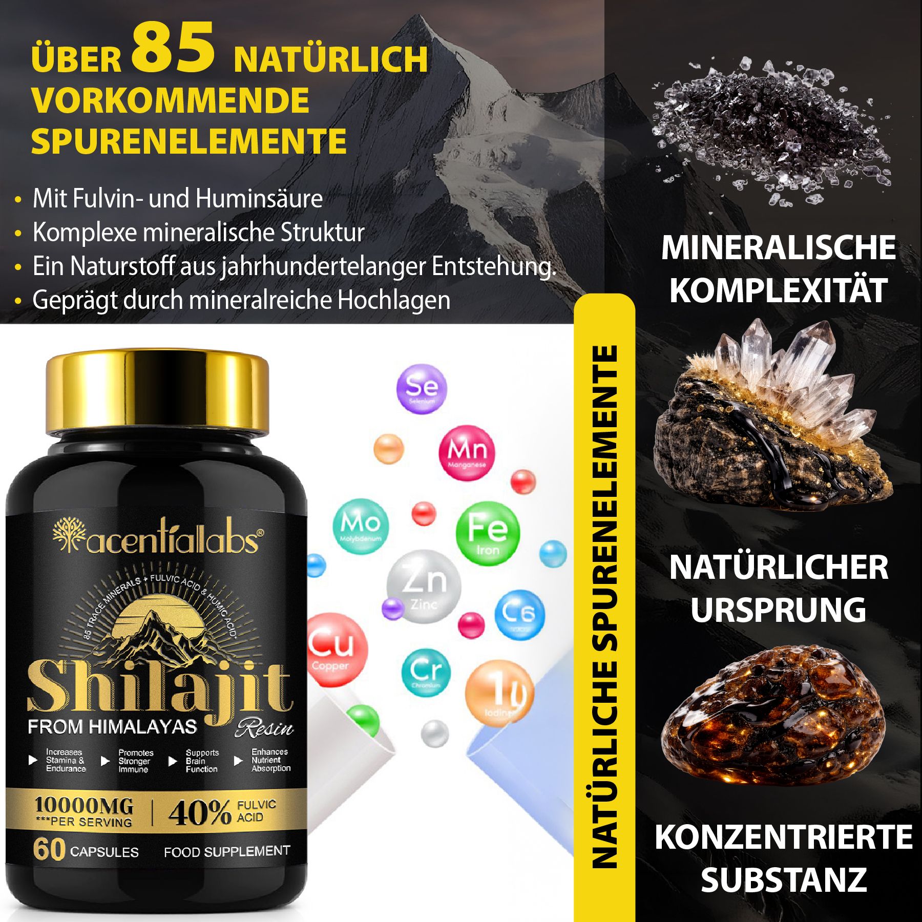 Flacone nero, tappo dorato. Capsule di Shilajit. Testo: 10000mg per porzione, 40% acido fulvico, 60 capsule. Elementi minerali.
