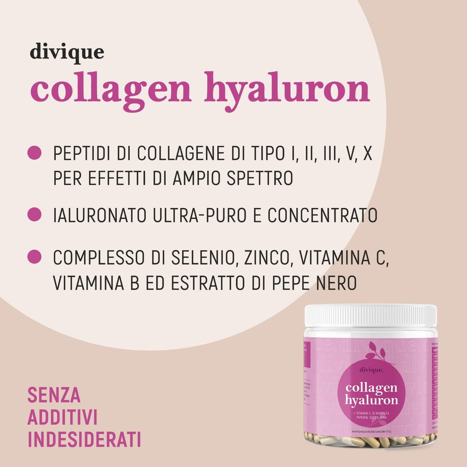 Barattolo rosa con capsule. Testo: Divique Collagen Hyaluron. Ingredienti: collagene, ialuron, selenio, zinco, vitamina C, B-complesso, pepe nero.