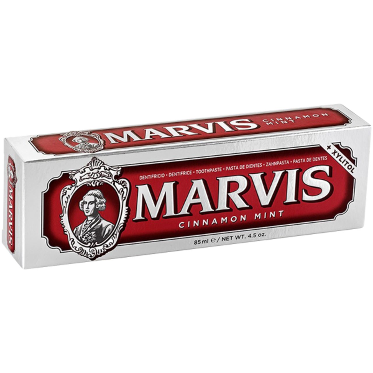 Scatola di dentifricio MARVIS CINNAMON MINT. Scatola bianca/rossa con nome del prodotto.