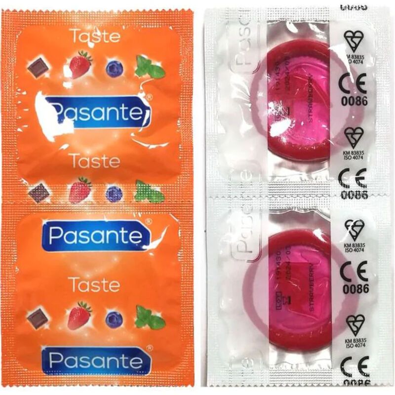 Preservativi Pasante, confezioni singole arancioni, due pezzi uno accanto all'altro.