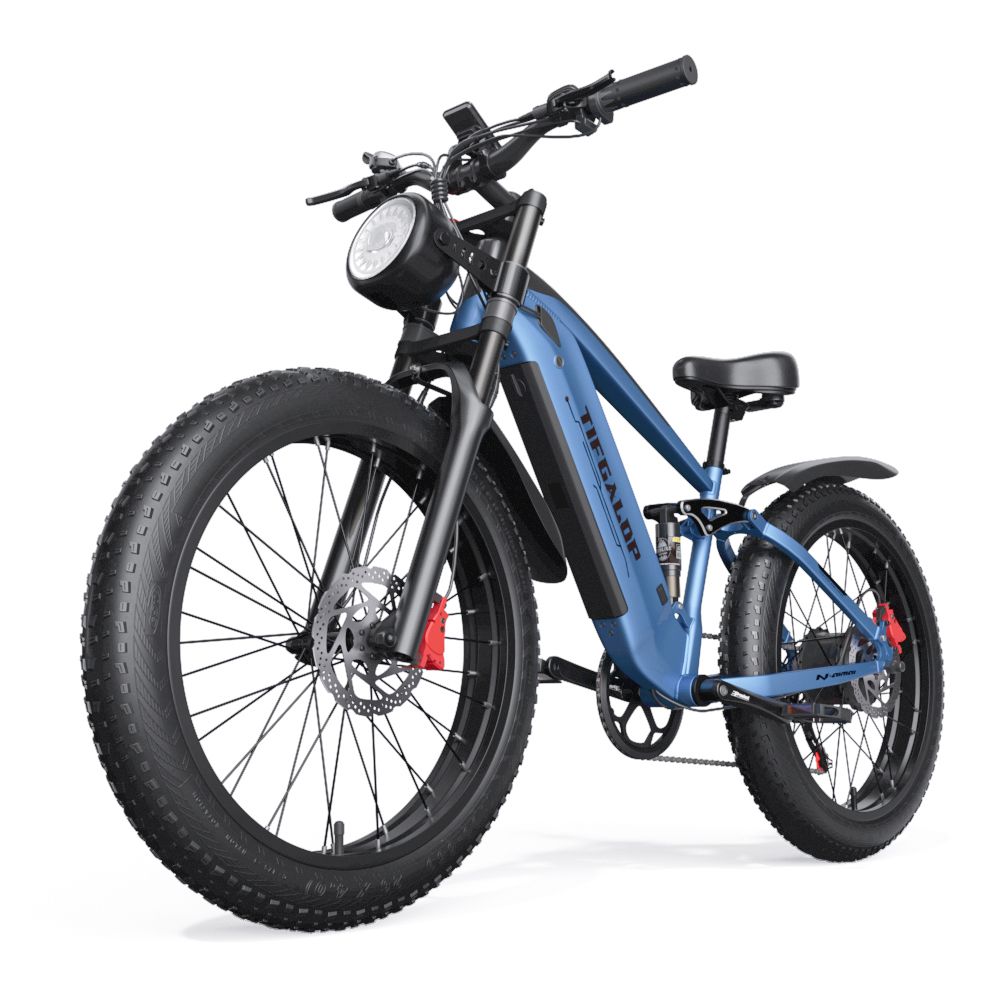 Bicicletta elettrica blu con pneumatici neri. Sul telaio è scritto TIFGALOP. Pneumatici grandi, faro e parafanghi.