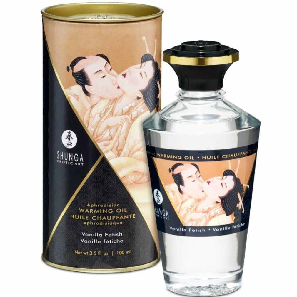 Olio da massaggio Shunga, aroma vaniglia. Bottiglia e confezione con illustrazione di una coppia. Testo: Warming Oil, Vanilla Fetish.