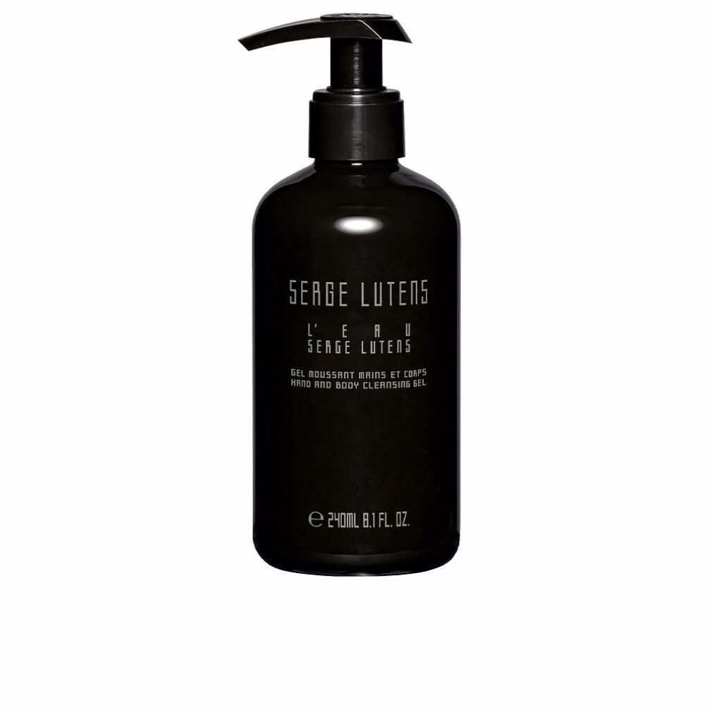 Flacone nero con dosatore. Scritta: Serge Lutens L'eau, gel detergente mani e corpo. 240ml.