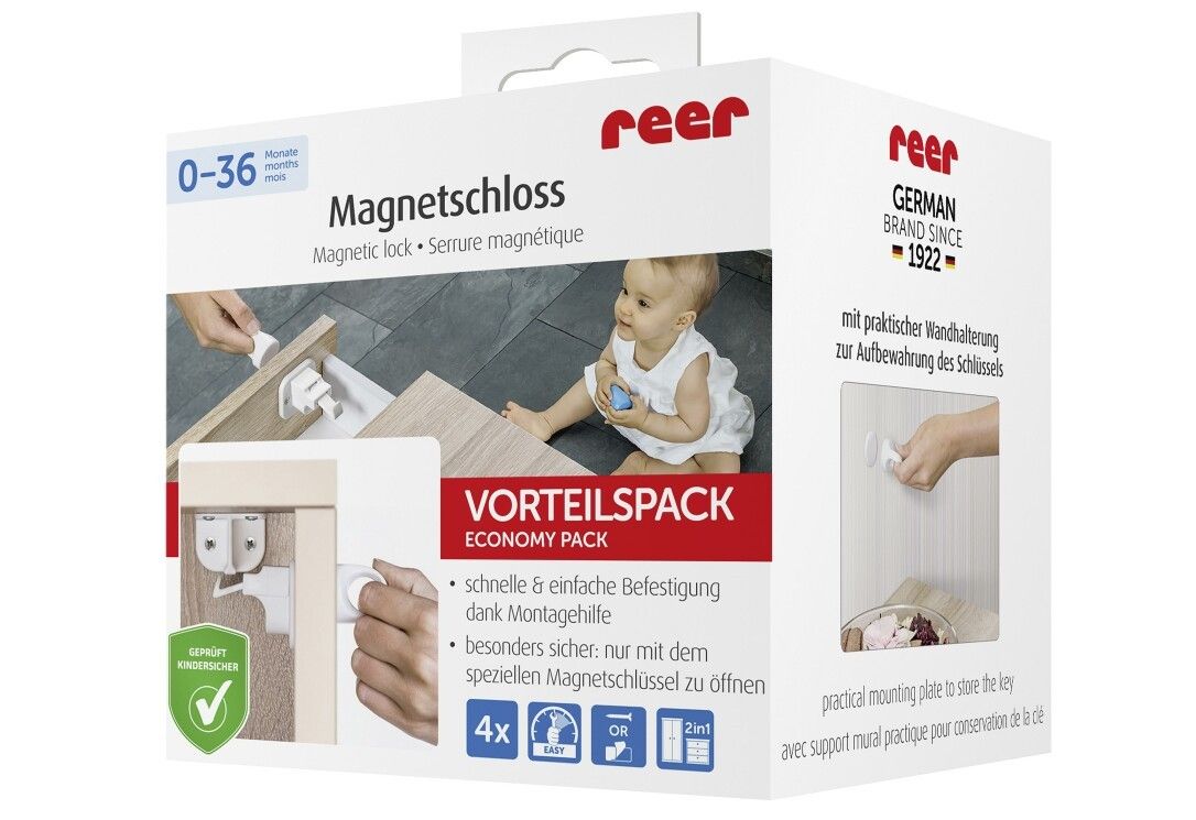 Confezione con serratura magnetica. Testo: 0-36 mesi, Confezione convenienza, 4x. Logo: Testato a prova di bambino. reer German Brand Since 1922.
