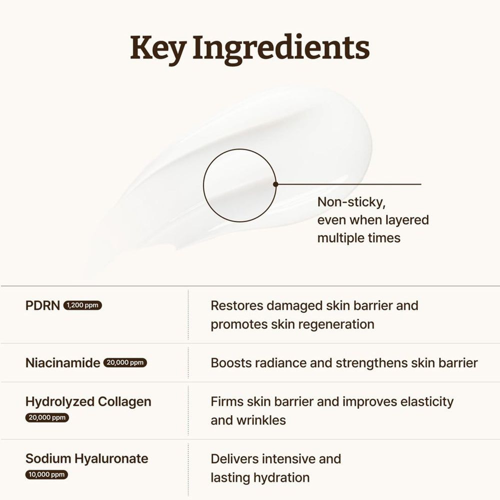 Panoramica degli ingredienti chiave della crema rivitalizzante Dr. Reju-All Advanced PDRN: PDRN, Niacinamide, Collagene idrolizzato, Ialuronato di sodio.