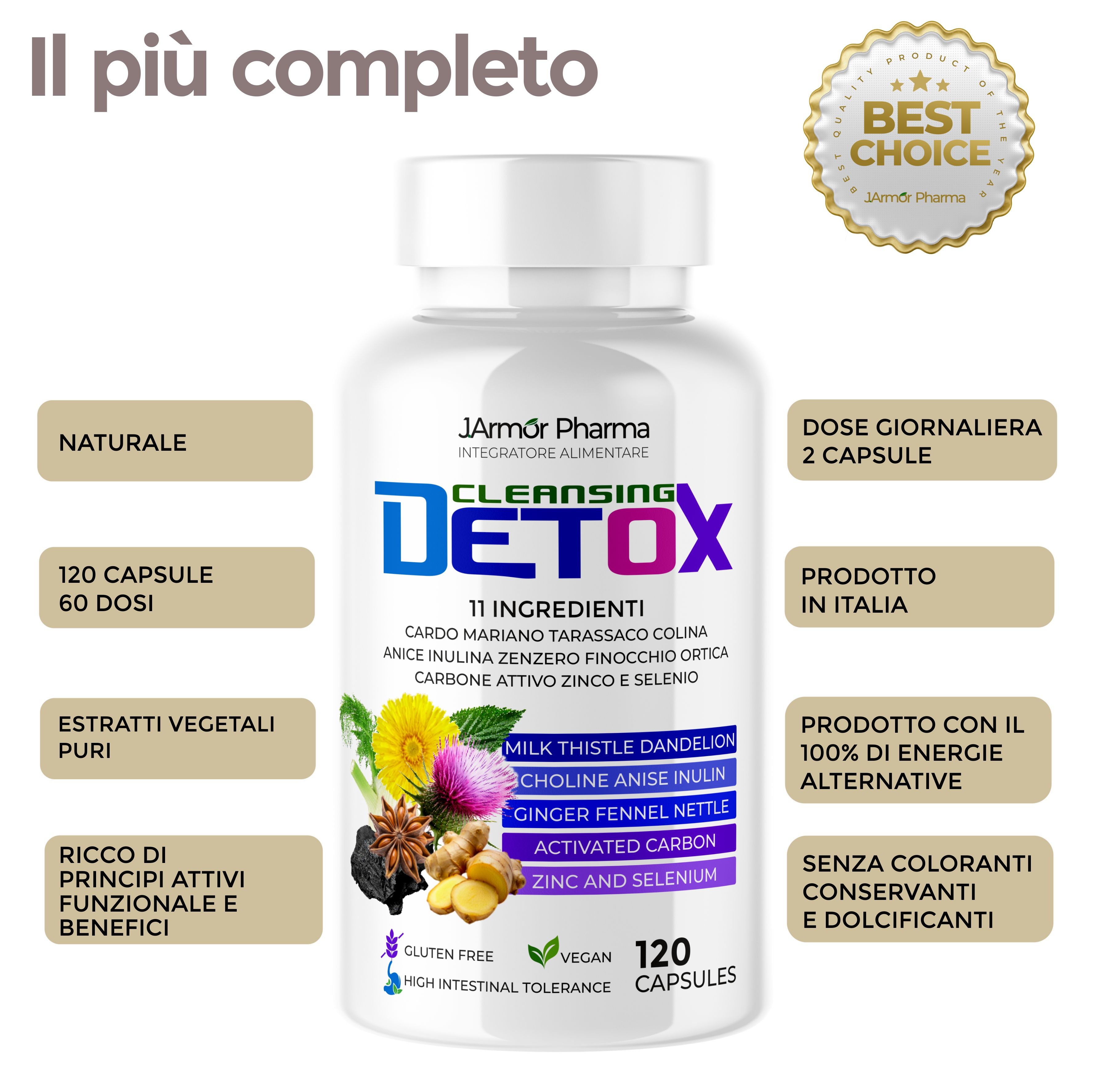 Flacone del prodotto con testo e grafiche. Testo: J.Armor Pharma, Detox, 120 capsule. Contiene 11 ingredienti. Marchi: Best Choice, Senza glutine, Vegano.