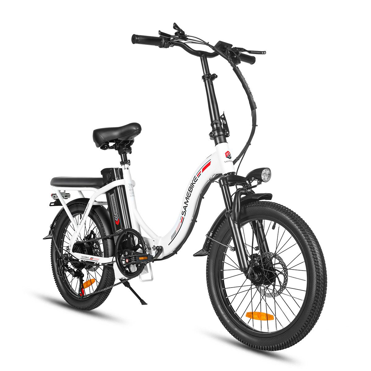 E-bike pieghevile bianca e nera, con faro. Marchio SAMEBIKE.