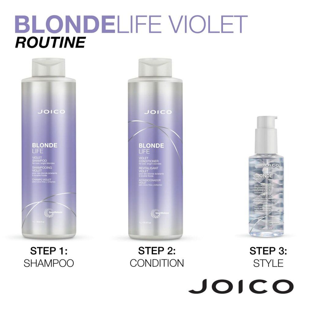 Routine Blonde Life di Joico. Shampoo, conditioner e prodotto styling. Flaconi con nomi e loghi. Sfondo bianco.