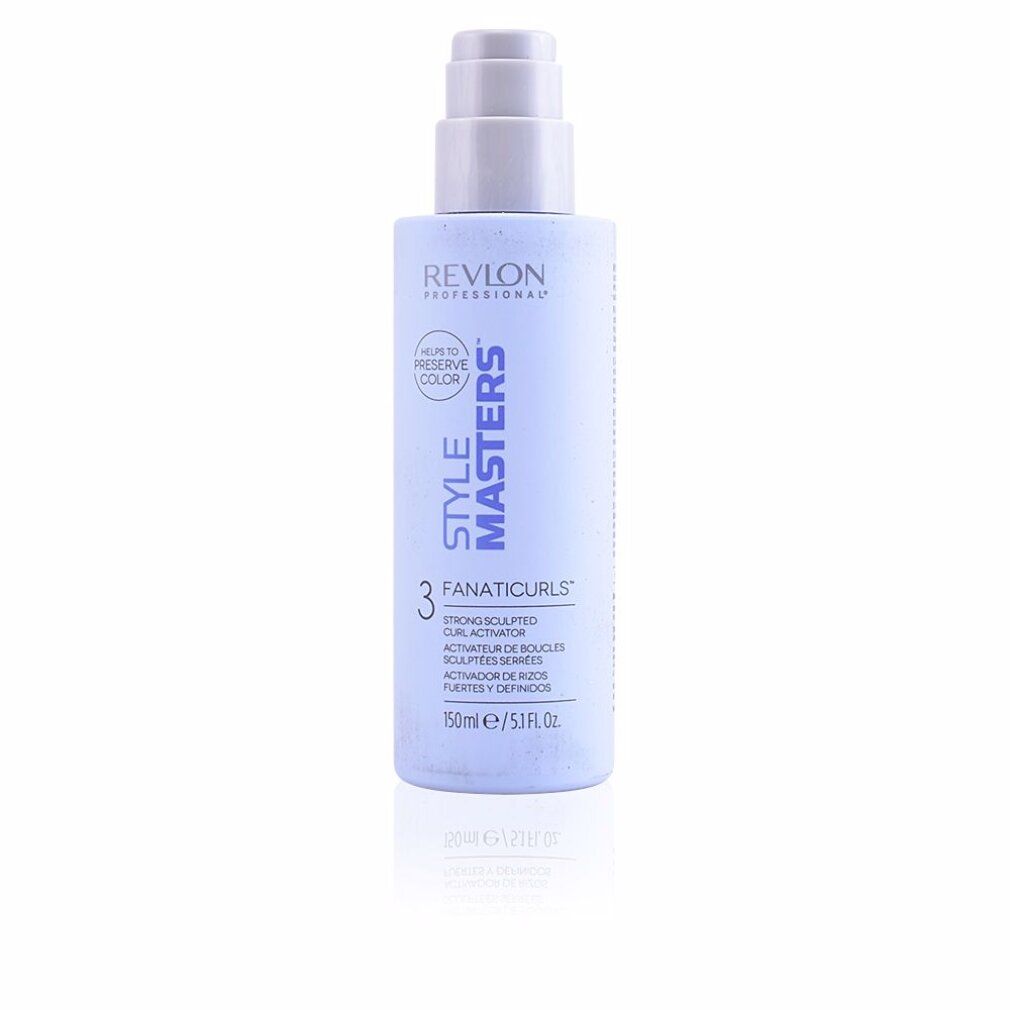 Flacone azzurro con dosatore. Scritta: Revlon Style Masters Fanaticurls. 150ml. Per capelli colorati.