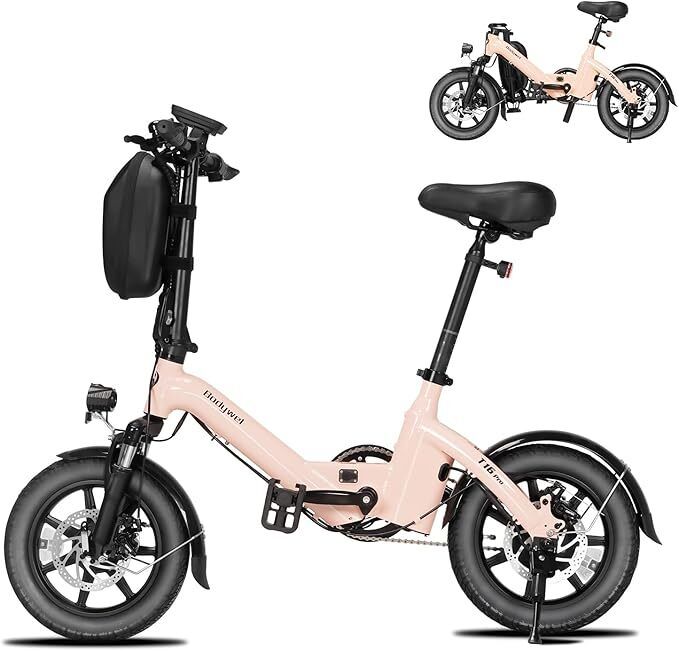 E-bike pieghevole rosa. Pneumatici, sella e parafanghi neri. Marchio: Bodywel, modello: T16 Pro. Seconda immagine in alto a destra.