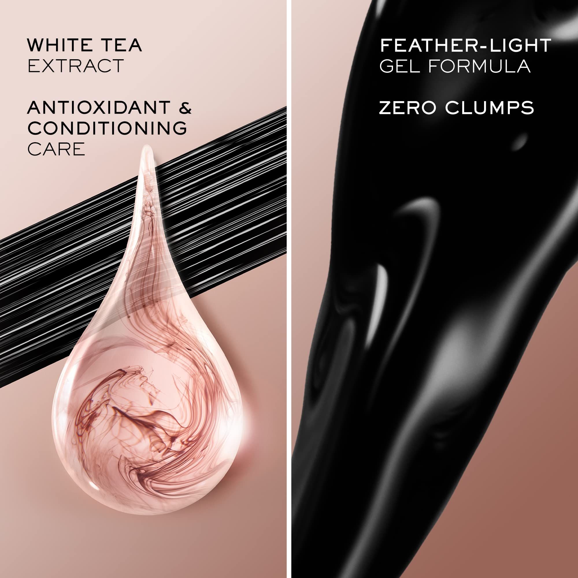 Grafica: goccia d'acqua, texture mascara, testo: "WHITE TEA EXTRACT", "ANTIOXIDANT & CONDITIONING CARE", "FEATHER-LIGHT GEL FORMULA", "ZERO CLUMPS".