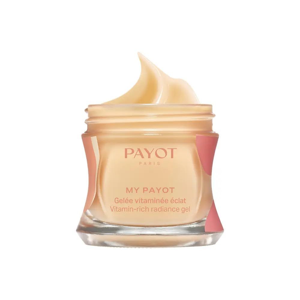 Vasetto di vetro aperto con dettaglio rosa. Scritta PAYOT PARIS, MY PAYOT, Gelee vitaminée éclat, Vitamin-rich radiance gel.