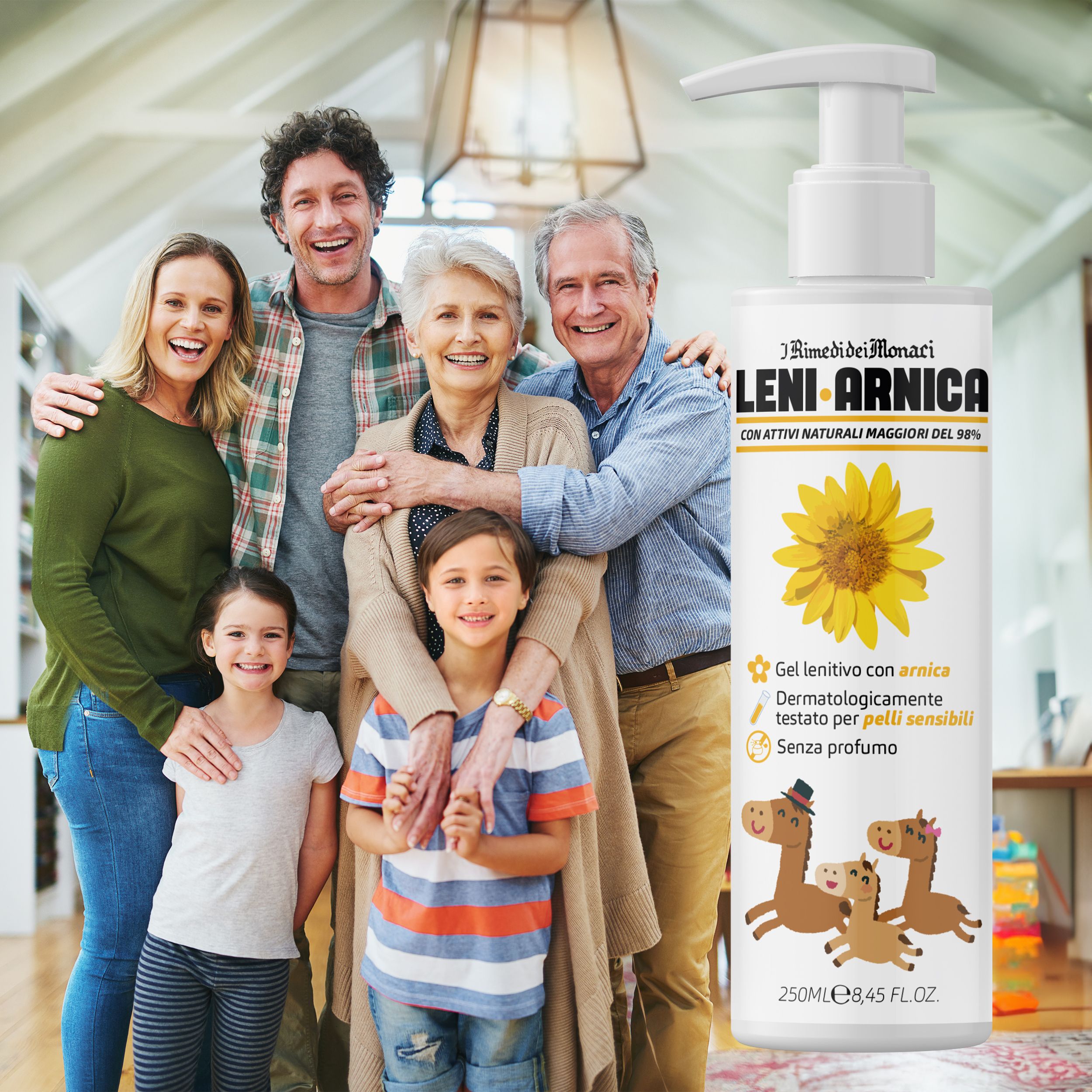 Famiglia con bambini e anziani. Al centro: flacone Leni Arnica. Gel all'arnica, dermatologicamente testato, per pelli sensibili.