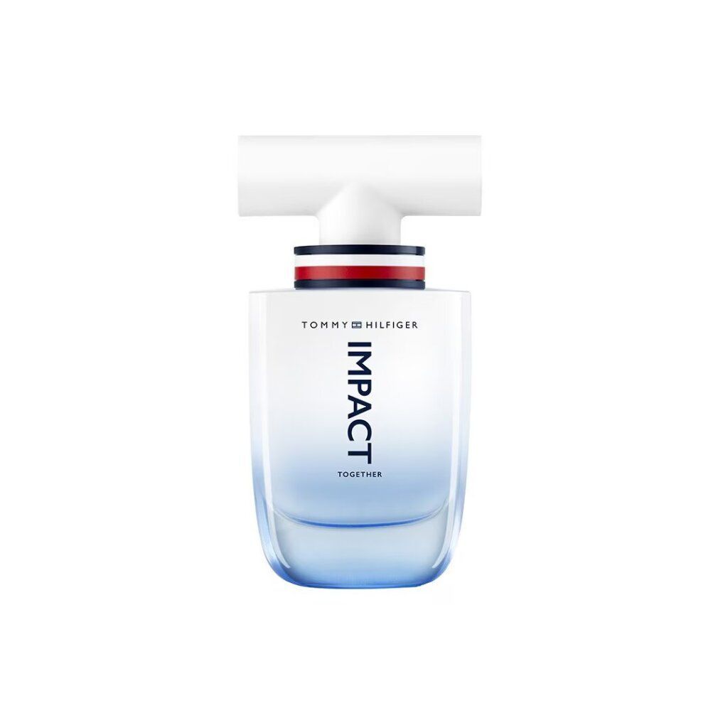 Flacone di profumo azzurro chiaro con tappo bianco. Scritta: IMPACT TOGETHER. Marchio: Tommy Hilfiger.