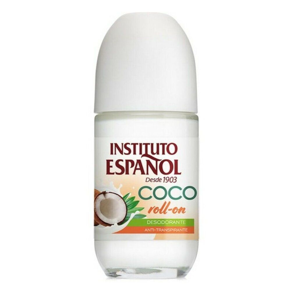 Deodorante roll-on Instituto Español Coco. Tappo bianco, flacone trasparente. Scritta: Coco roll-on, cocco.