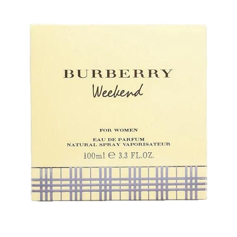 Confezione Burberry Weekend. Scritta: Burberry Weekend For Women, Eau de Parfum, 100ml. Scatola quadrata beige.
