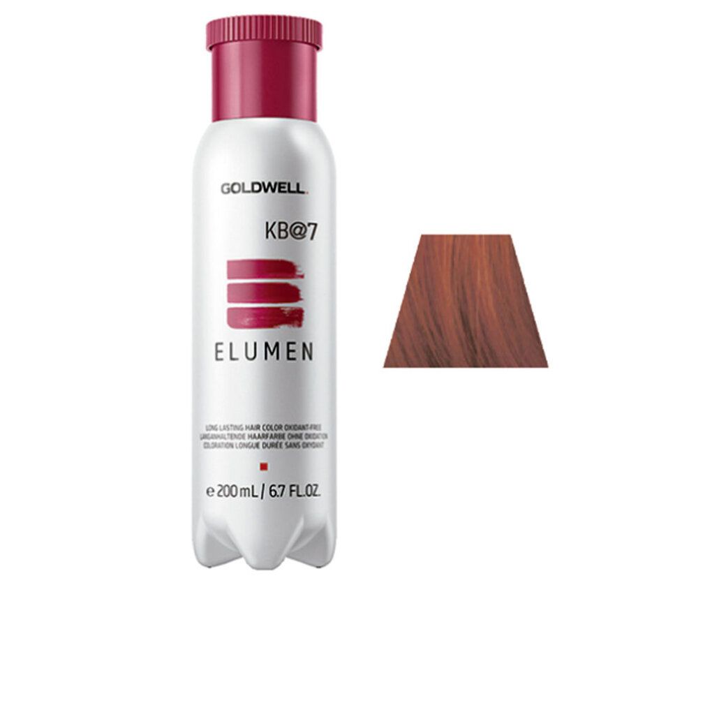 Goldwell Elumen kb@7. Flacone bianco con tappo rosso. Campione di colore a destra. Testo: Long-lasting hair color.