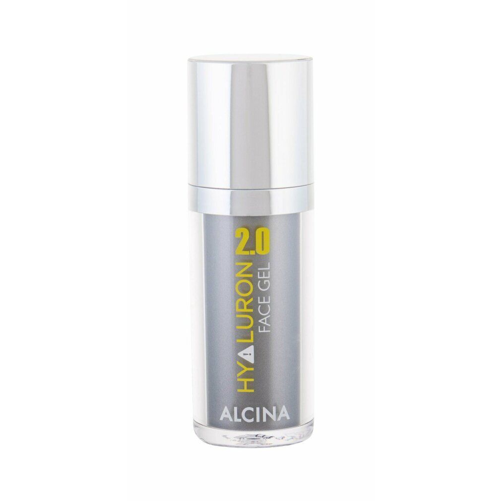 Flacone cilindrico con tappo argentato. Scritta: Hyaluron 2.0 Face Gel, Alcina. Sfondo grigio.