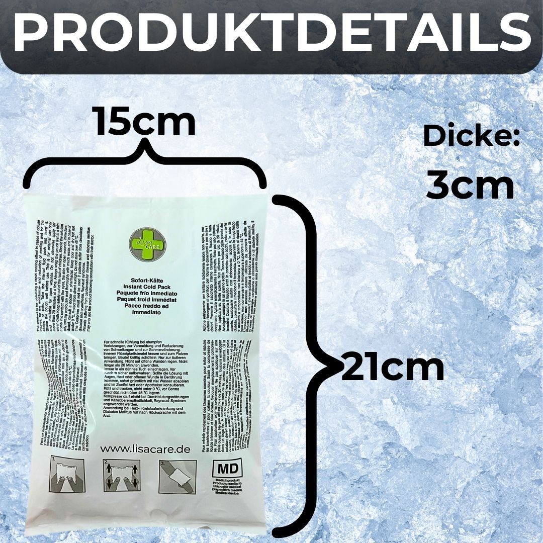 Compressa fredda LisaCare. Dimensioni: 15x21x3cm. Confezione bianca e verde con testo. Marchio MD. Grafico dei dettagli del prodotto.