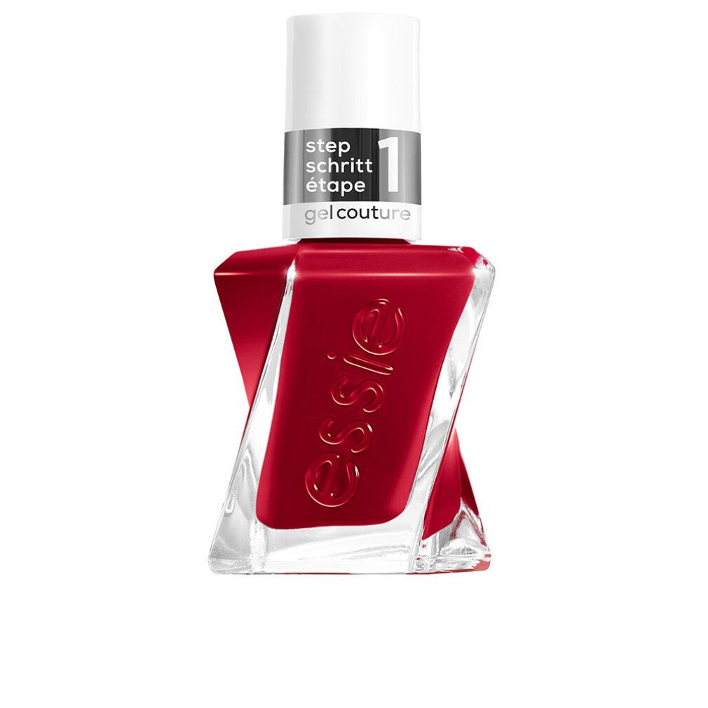 Smalto rosso in flacone trasparente obliquo. Tappo bianco con scritta "step schritt étape gel couture".
