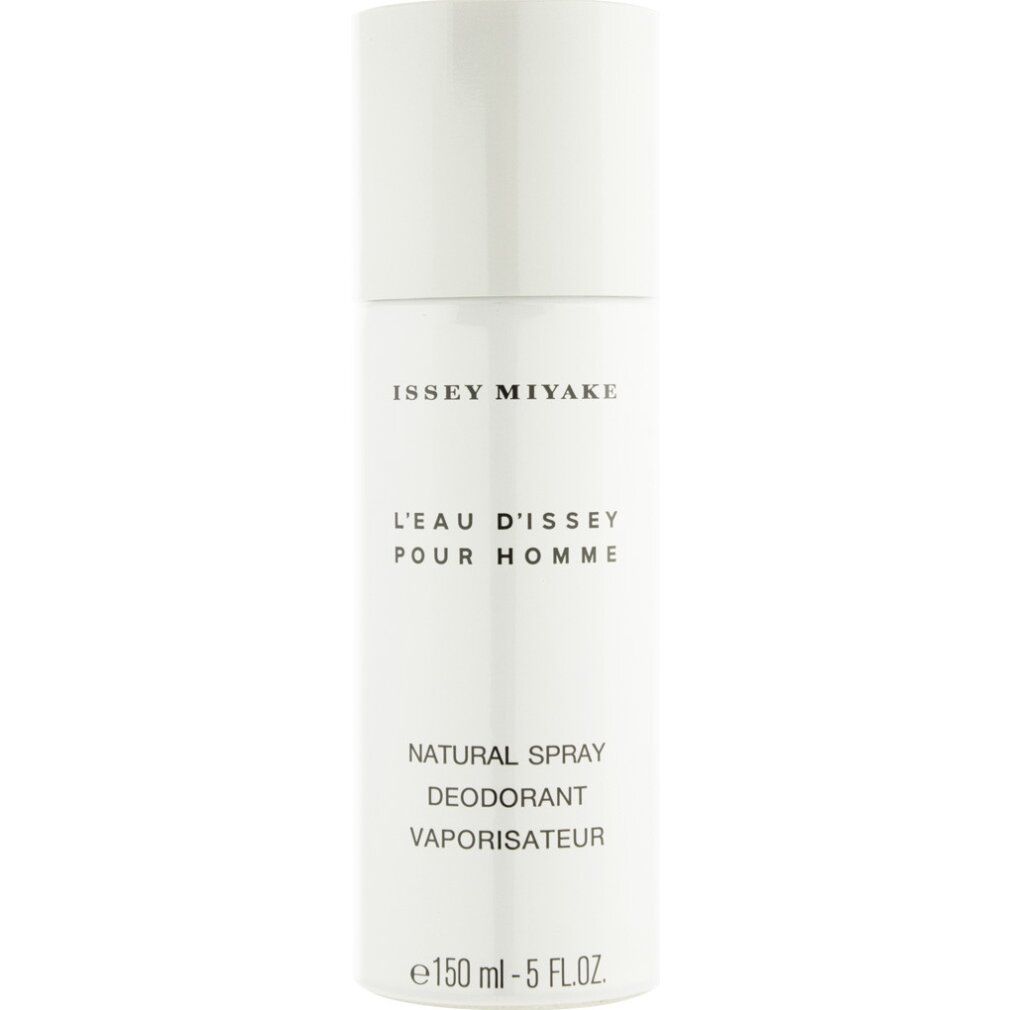 Spray deodorante Issey Miyake. Flacone cilindrico bianco con tappo bianco. Scritta nera.