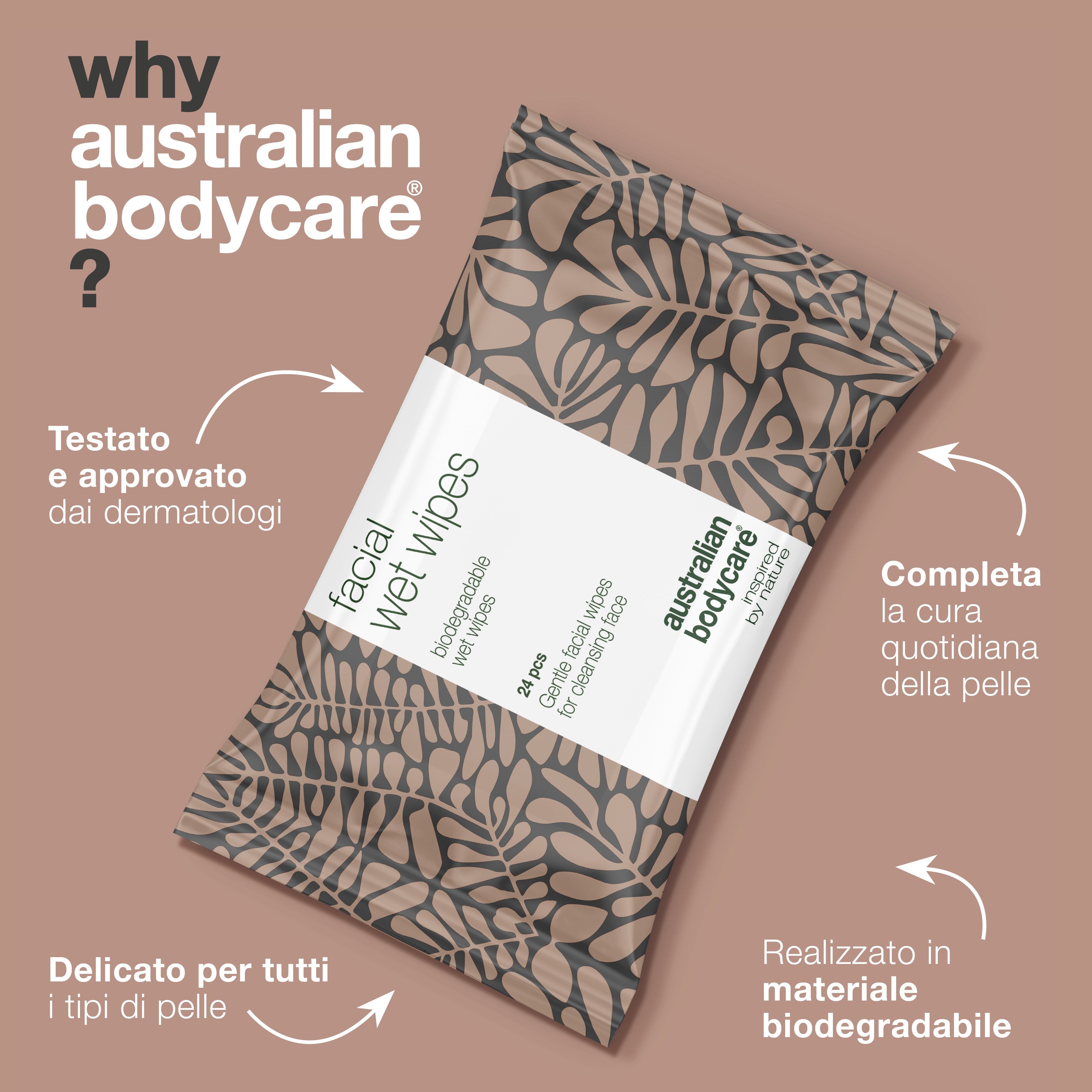 Confezione salviettine. Testo: Australian Bodycare, Facial Wet Wipes, 24 pezzi. Vantaggi: testato dermatologicamente, per tutti i tipi di pelle.