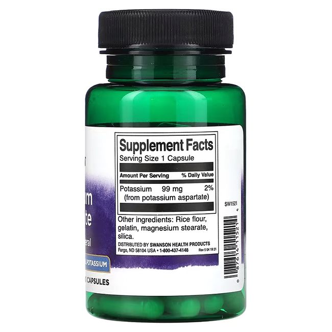 Retro di un flacone verde. Scritta: Supplement Facts, Potassium 99 mg, ingredienti, Swanson Health Products.