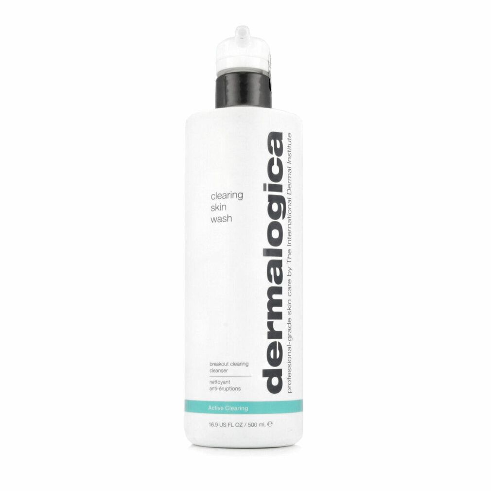 Flacone bianco con tappo nero. Scritta: clearing skin wash, dermalogica. Striscia turchese con Active Clearing.