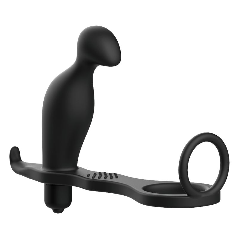 Plug anale nero con anello in silicone. Forma anatomica con base e anello. In silicone.