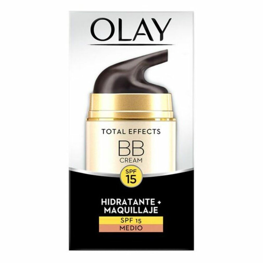Olay Total Effects BB Cream. Erogatore di crema con coperchio nero, anello dorato e SPF 15. Confezione con immagine del prodotto.